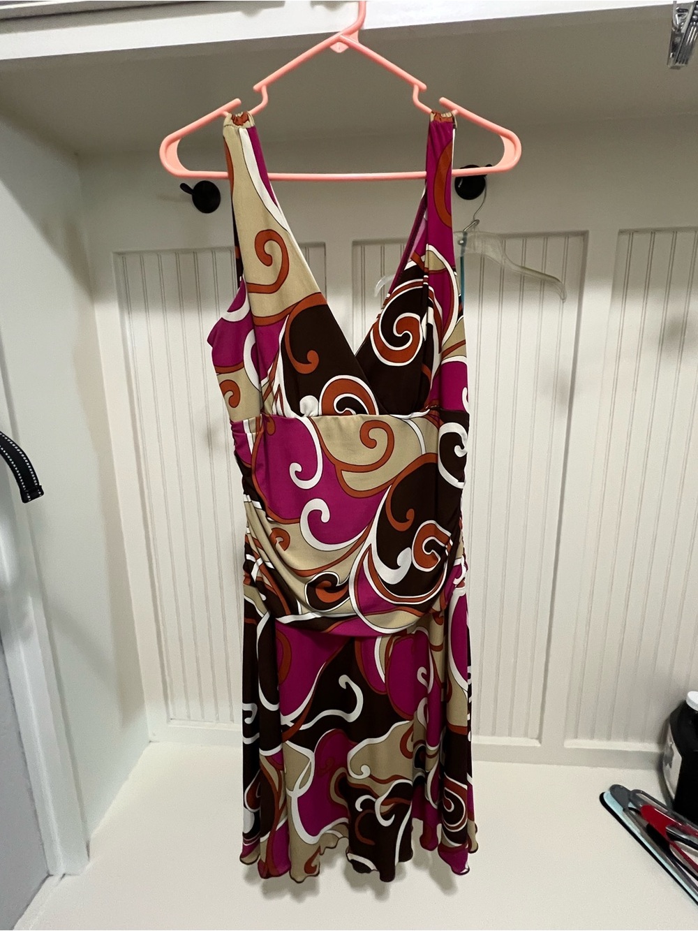 HeartSoul Sleeveless Swirl Midi Dress in Fuchsia, Brown & Cream